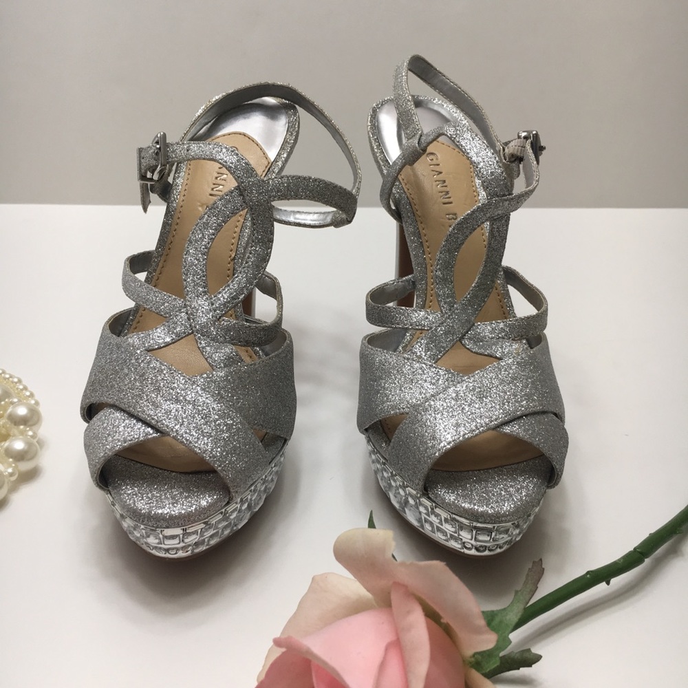 Gianni Bini Silver Glitter and Jeweled Heels, sz 7 - Picture 2 of 8